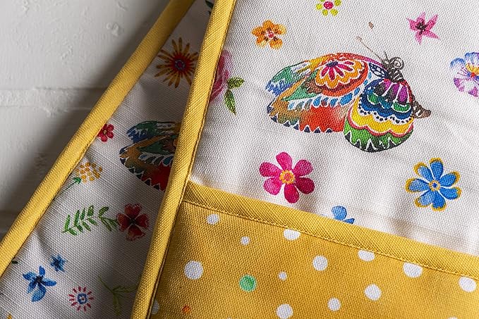 Maison d' Hermine Double Oven Mitts 100% Cotton 7"x35" Double Oven Mitt Heat Resistant BBQ Cooking Gloves with Loop Baking Grilling Gifts for Mothers Day Spring Summer (Happy Florals - Sweety)