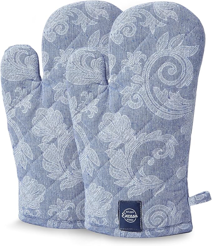 Encasa XO Oven Gloves Heat Resistant | Microwave Cooking Mittens for Baking & Kitchen Use | 12x7 in | Cotton Utensil Holder - Chambray Fabric (Pack of 2, Blue)