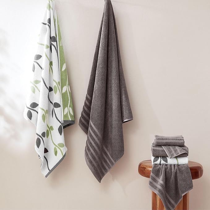 Modern Threads Natural Vine 6-Piece 100% Cotton Towel Set – Yarn Dyed Jacquard – Includes 2 Bath Towels, 2 Hand Towels, 2 Washcloths – Absorbent, Quick Dry, Soft & Durable – Gray