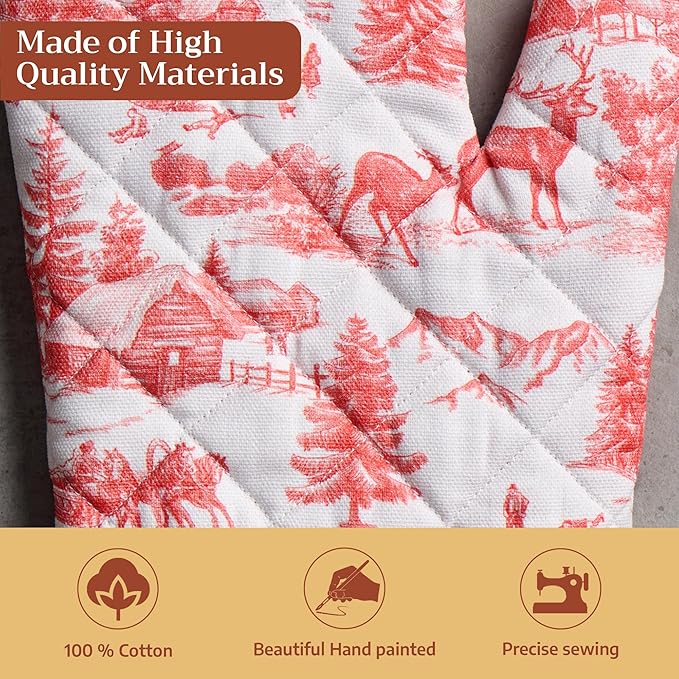 Maison d' Hermine Oven Gloves 100% Cotton Oven Mitt 7" x 13" with Loop Heat Resistant BBQ Cooking Gloves for Thanksgiving Christmas Decorations Baking Handling Hot Pans (Pack of 1, Winter Jouy)