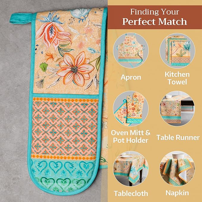 Maison d' Hermine Double Oven Mitts 100% Cotton 7"x35" Double Oven Mitt Heat Resistant BBQ Cooking Gloves with Loop Baking Grilling Gifts for Mothers Day Spring Summer (Luxury Loft - Peach)