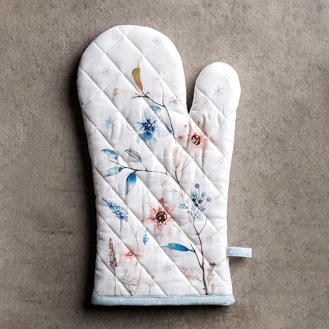 Maison d' Hermine Oven Gloves 100% Cotton Oven Mitt 7" x 13" with Loop Heat Resistant BBQ Cooking Gloves for Thanksgiving Christmas Decorations Baking Handling Hot Pans (Pack of 1, Ice Florals)