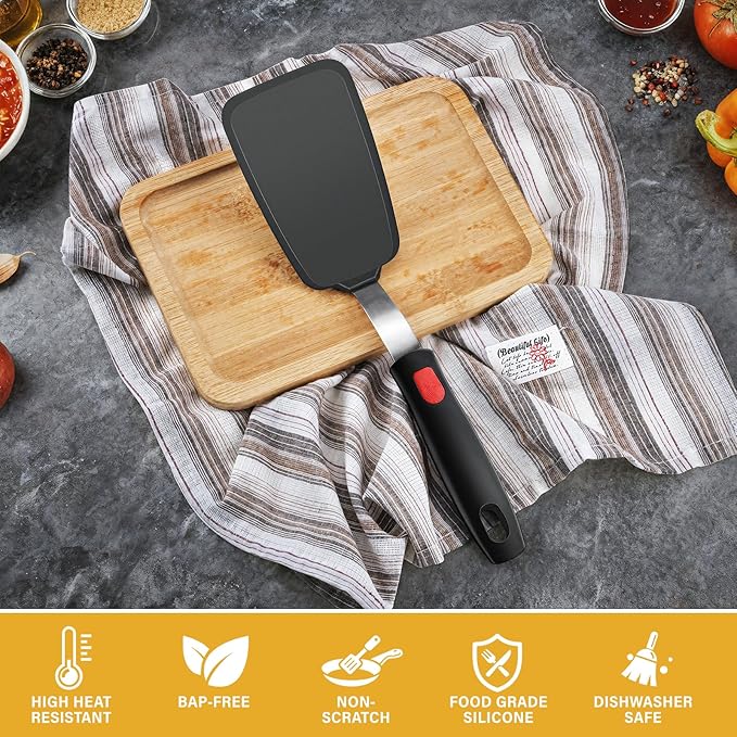 Flexible Silicone Spatula Turner, Heat Resistant Silicone Turner for Non-Stick Cookware, BPA-Free Food Grade Kitchen Spatula Utensils, Ideal for Flipping Eggs, Burgers, Pancakes, 11.8 x 2.4 in, Black