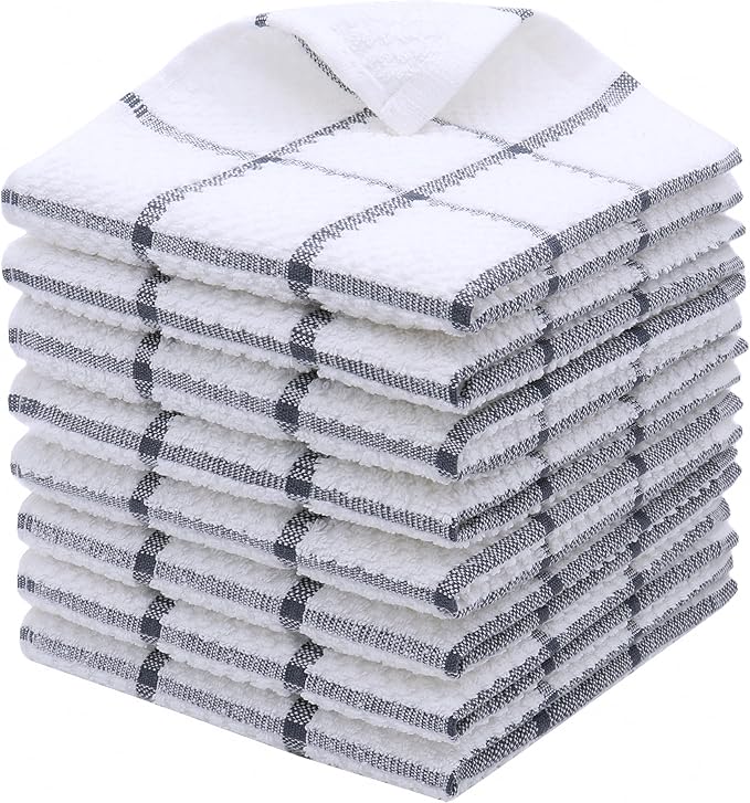 Cotton Cleaning Rags Terry Dish Cloths for Washing Dishes, Set of 8 Dish Rags for Cleaning, Light and Soft Dish Towels for Kitchen Drying Dishes, 12 Inch x 12 Inch (Grey Plaid)