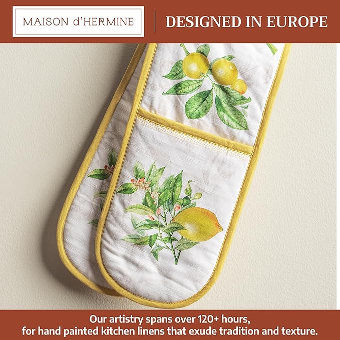 Maison d' Hermine Double Oven Mitts 100% Cotton 7"x35" Double Oven Mitt Heat Resistant BBQ Cooking Gloves with Loop Baking Grilling Gifts for Mothers Day Spring Summer (Limoncello)