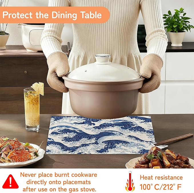Ocean Wave Placemat Set of 6,Japanese Heat Resistant Linen Table Mats for Indoor Outdoor Home Kitchen Dining Room Table 12x18Inch