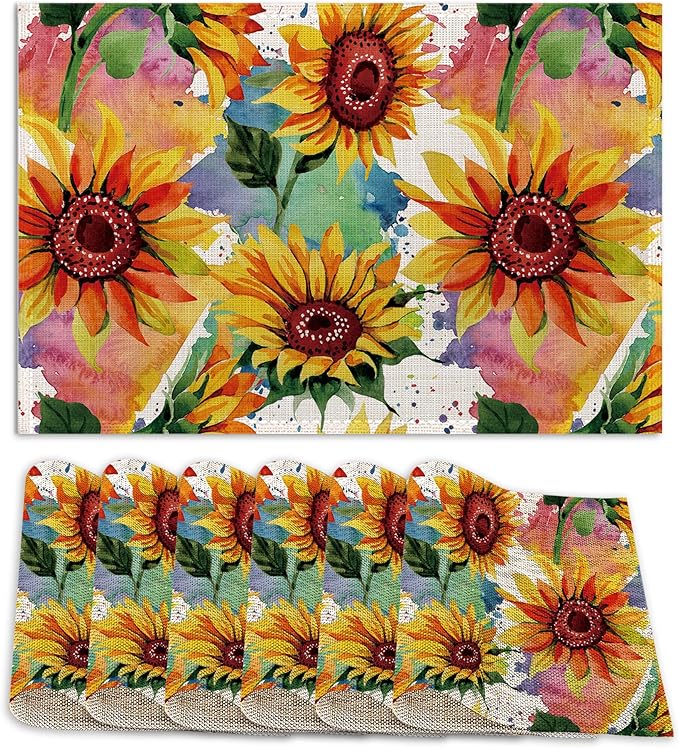 Placemats Set of 6 Linen Washable Kitchen Dining Watercolor Sunflower Table Mats Stain Heat-Resistant Desktop Décor Colorful Wildflower Place Mats for Home Party Indoor 12x18 in