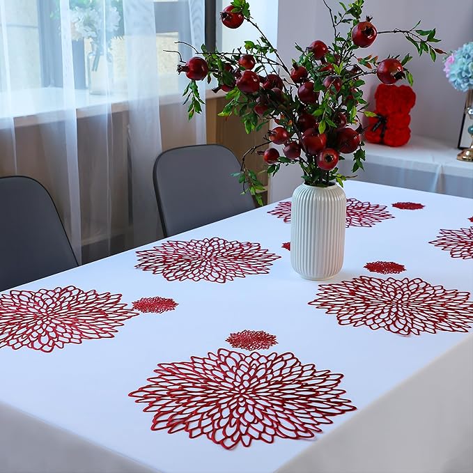 Snowkingdom Red Placemats Pressed Vinyl Metallic Shiny Floral Dinning Mats Round Leaf Table Decoration for Halloween Mother's Day Valentine Weddings Mother's Day Christmas Holiday Celebrations 18 Pack