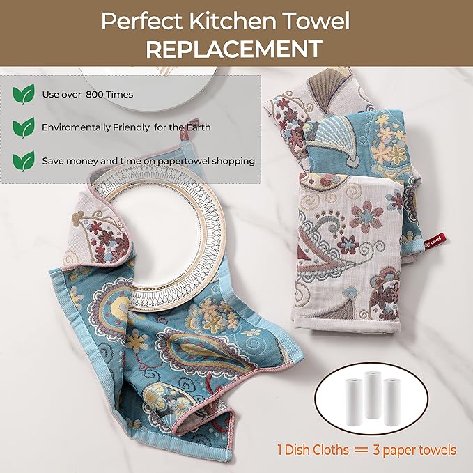 Kitchen Dish Towels for Drying 100% Cotton,Ultra Absorbent Quick Drying Thick Reusable Cleaning Decorative Tea Towels with Hanging Loop,Reversible Boho Pretty Hand Towels,Floral,4 Pack