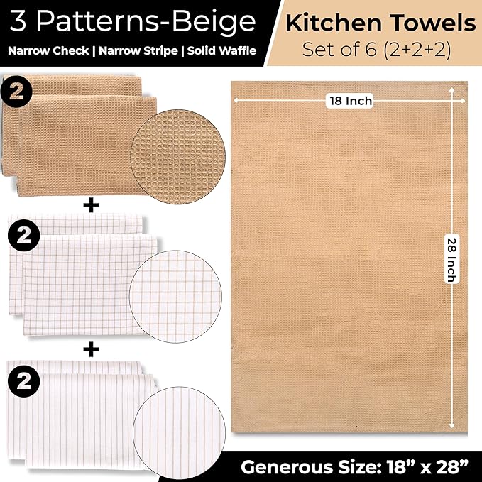 Highly Absorbent Cotton Kitchen Towels for Drying Dishes - Set of 6 Dish Towels - Narrow Beige Stripes Plaid Waffle Dishtowels - 18"X28" Large Lint Free Linen Tea Hand Bulk T Towls
