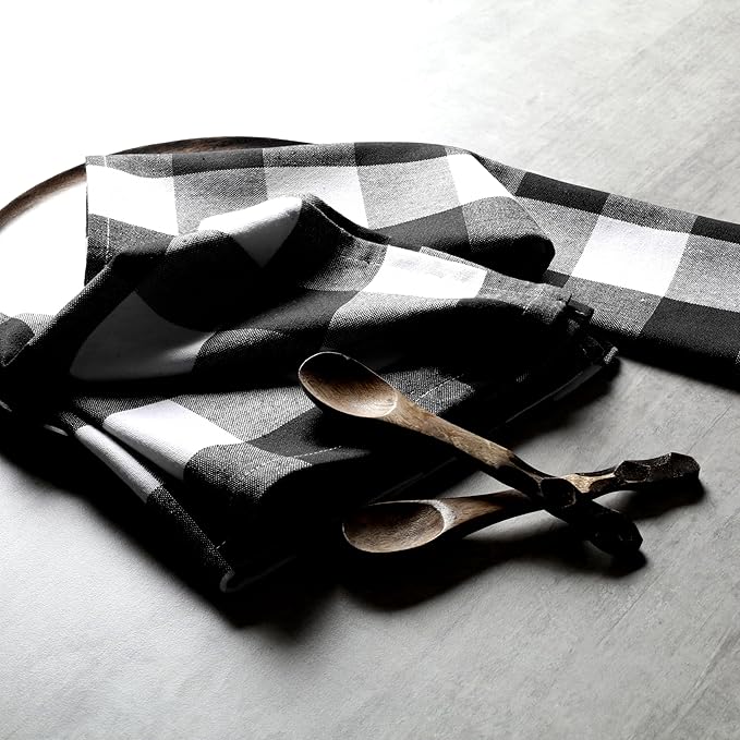 Native Fab Black Buffalo Check Cloth Napkins, 16"x16", Set of 4, Plaid Checkered Pattern, 100% Cotton, Soft, Absorbent, Reusable Table Napkins for Dinner, Lunch, Wedding, Party - Black and White
