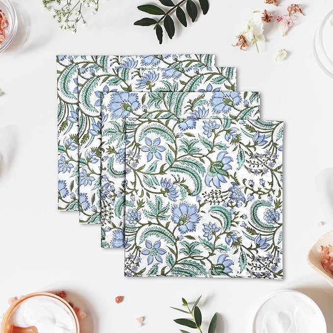 Ridhi Columbia Blue Hand Block Print 100% Cotton Napkins 18" x 18" (Set of 4) Reuseable Kitchen Napkins Cloth Decor Dinner Party Wedding Cocktail Gift for Spring, Easter, Valentine
