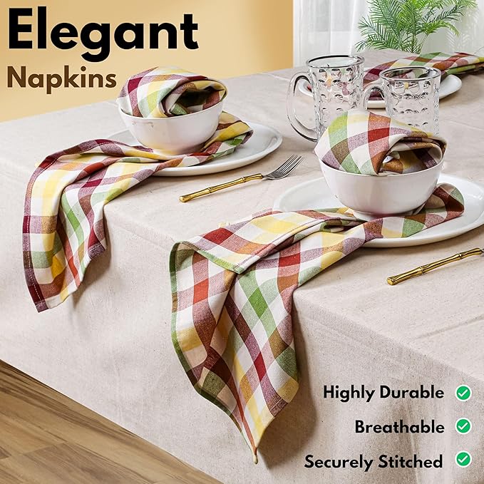Native Fab Multi Color Check Cloth Napkins - Set of 4, 100% Cotton, 16x16 inch, Soft, Absorbent, Washable & Reusable Table Napkins for Dinner, Holiday, Farmhouse, Gift - Burgundy, Yellow, Rust, Green