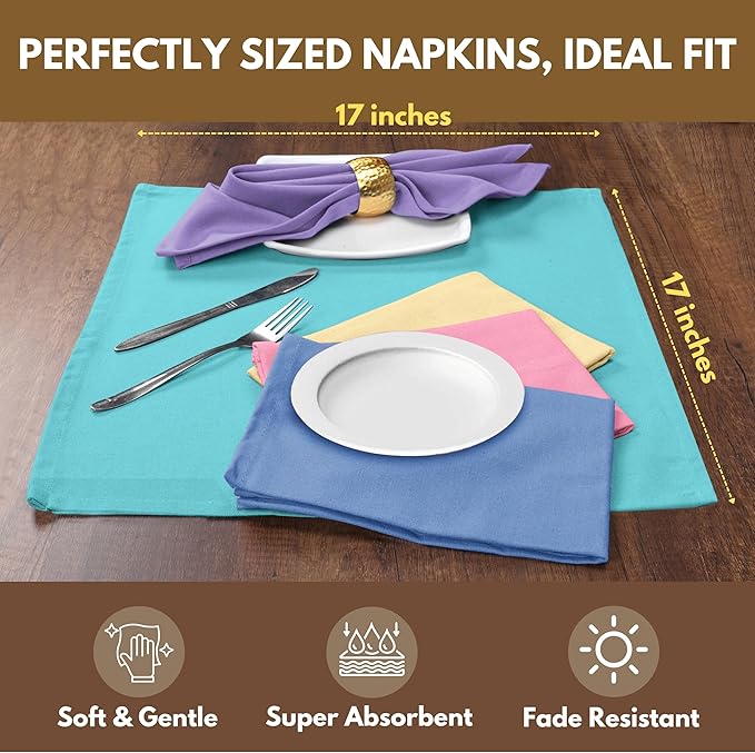 Native Fab Premium Multicolor Cloth Napkins 12 Pack, 100% Cotton, 17"x17", Soft, Reusable Table Linen, Ideal for Easter Brunch, Dinner, Spring Parties, Weddings, Holidays, Assorted Pastel Colors