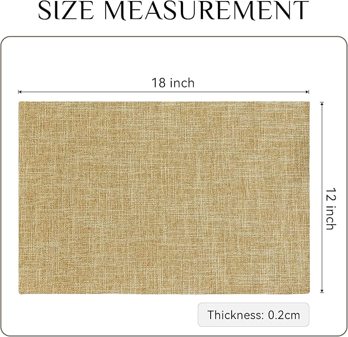 Softalker Faux Linen Placemats Set of 6-12 x 18 Inch, Heat Resistant Double Layered Durable Burlap Farmhouse Place Mats, Non-Slip Washable Rustic Table Mats for Dining, Kitchen, Party（Khaki