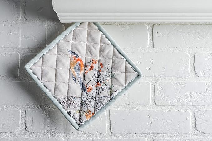 Maison d' Hermine Pot Holders Set 100% Cotton Heat Resistant Potholders 8" x 8" Hot Pads with Loop for Thanksgiving Christmas Decorations Baking Handling Hot Pans (Pack of 2, Whitish Shabby Chique)