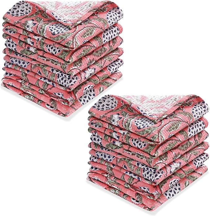 Ridhi Dark Salmon Pink Hand Block Print Cotton Waffle Dish Cloth Set of 12-12x12 Inch Super Absorbent, Soft, Reusable Kitchen Towels for Dish Drying Cleaning, Ideal for Spring, Easter, Valentine