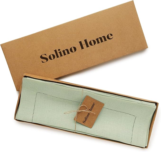 Solino Home Linen Placemats Set of 4 - Classic Hemstitch Sage Green Placemats 14 x 19 Inch - 100% Pure Linen Table Mats for Spring, Summer, Mothers Day