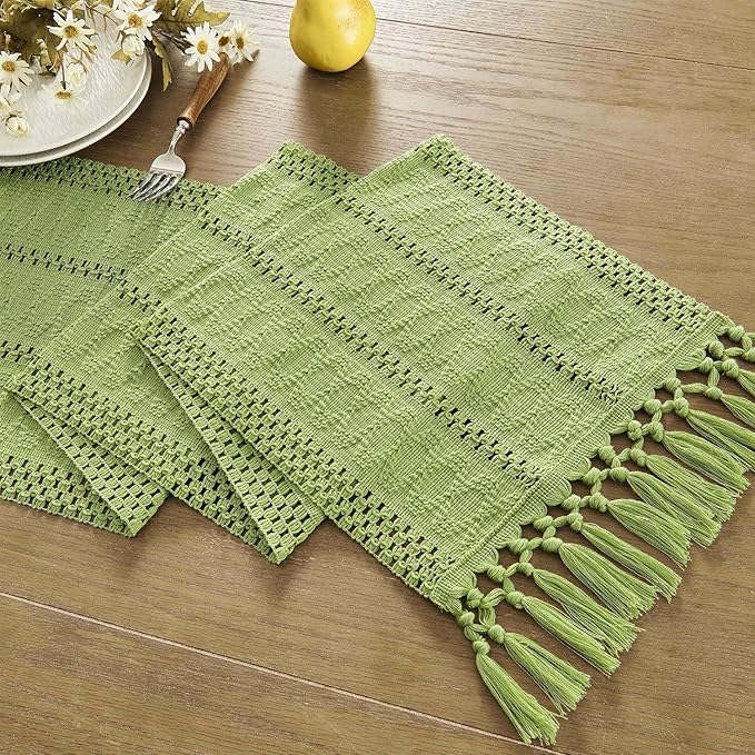 ZeeMart Macrame Style Boho Table Runner, Sage Green Table Runners 60 Inches Long, Farmhouse Woven Home Decor, 12x60 Inch, Green
