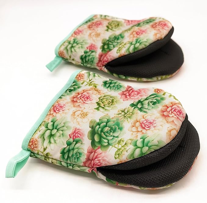 Succulents Oven Mitts, High Heat Resistant Kitchen Oven Gloves, Mini Silicone Oven Mitts, Non-Slip Grip Surfaces and Hanging Loop for Grilling, Baking, Cooking and Microwave, Gift