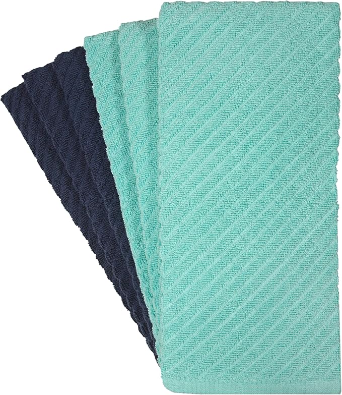 Premium Kitchen Towels (16”x 25”, 6 Pack) | Large Cotton Kitchen Hand Towels | Dish Towels | Diagonal Weave Design | 445 GSM Highly Absorbent Tea Towels Set with Hanging Loop | Aqua & Navy