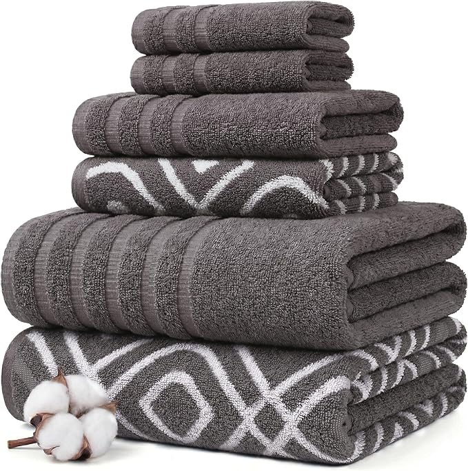 Modern Threads Classic Diamond 6-Piece 100% Cotton Towel Set – Yarn Dyed Jacquard – Includes 2 Bath Towels, 2 Hand Towels, 2 Washcloths – Absorbent, Quick Dry, Soft & Durable – Gray