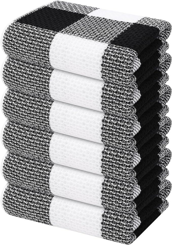Mordimy 100% Cotton Waffle Weave Kitchen Towels, 13 x 28 Inches, Super Soft and Absorbent Buffalo Check Dish Towels for Drying Dishes, 6-Pack, Black & White