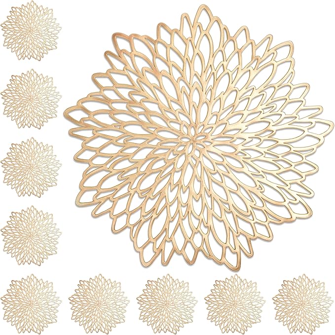 Juvale 10 Pack Gold Vinyl Placemats - 14.4" x 14.4" Round Table Mats and Plate Chargers with Leaf Design for Elegant Table Decor and Protection - Stylish Charger Plates for Events and Wedding Parties