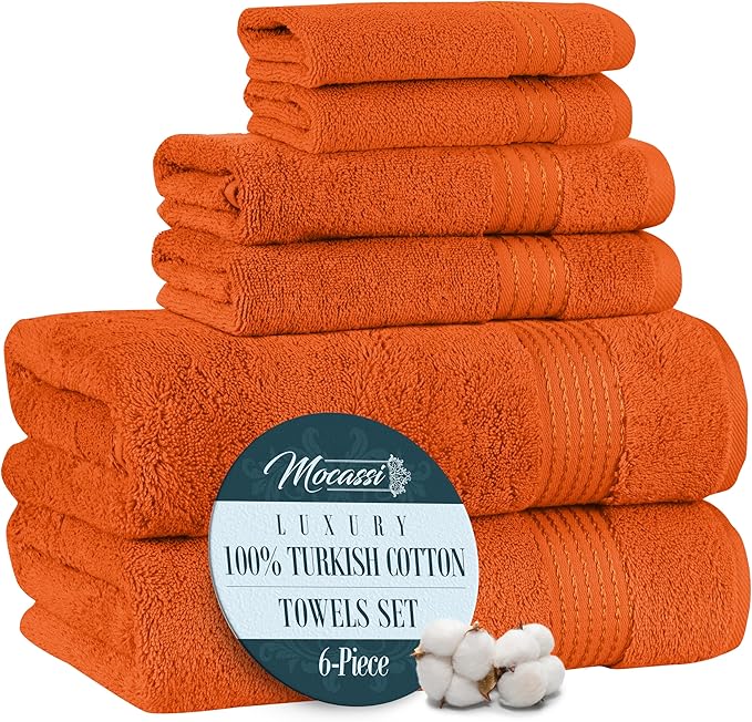 Mocassi Luxury 100% Turkish Cotton 6-Piece Towel Set - Ultra Soft, Quick Dry Highly Absorbent Premium Spa Hotel Quality Bath Towels, Includes 2 Bath Towels, 2 Hand Towels and 2 Washcloths, Orange