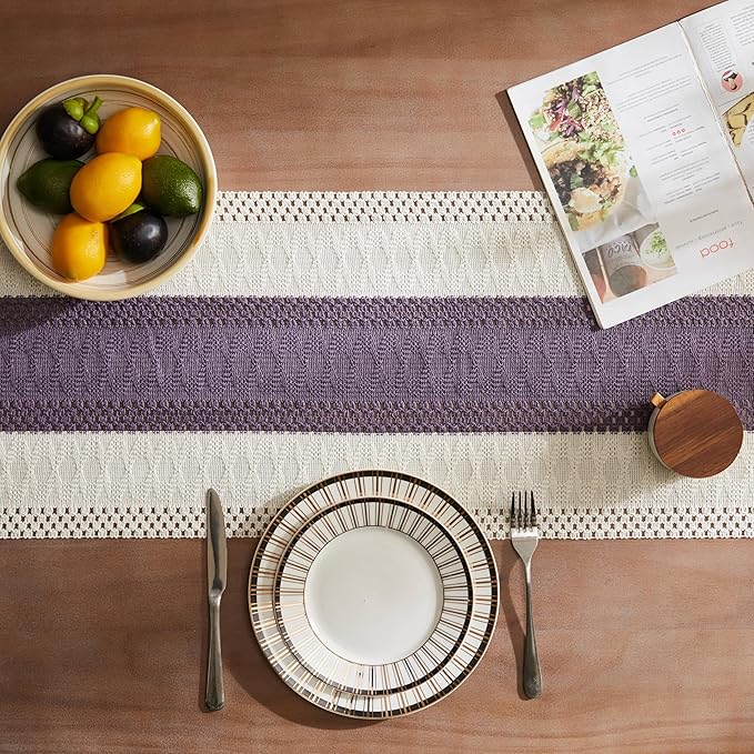 ZeeMart Macrame Style Bicolor Stitching Table Runner, 14 x 72 Inch Purple/Ivory, Boho Purple Table Runners 72 Inches Long, Farmhouse Woven Home Decor