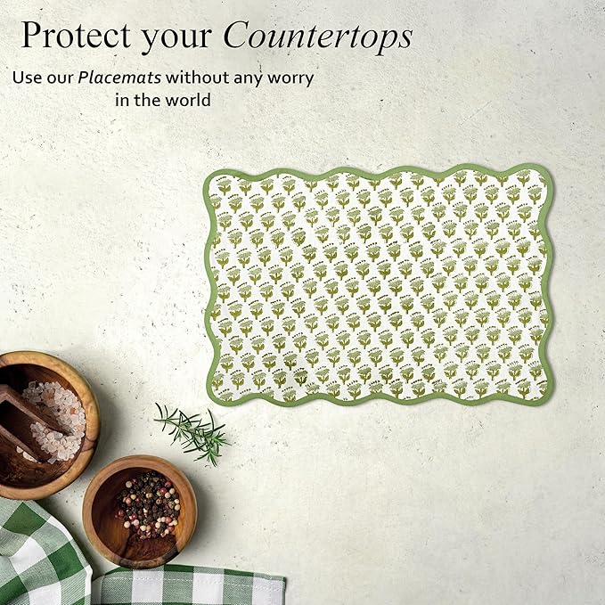 CPC Cotton Placemats Emerald Green Set of 4-Hand Block Printed Reversible Placemats, Flower Scalloped & Embroidered Cloth Table Mats - 14 x 20 inch Gift for Spring, Mother's Day