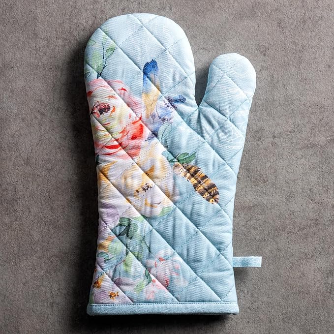 Maison d'Hermine Oven Gloves 100% Cotton Oven Mitt 7" x 13" with Loop Heat Resistant BBQ Cooking Gloves Baking Grilling Gifts for Mothers Day Spring/Summer (Pack of 1, Ibiza - Blue)
