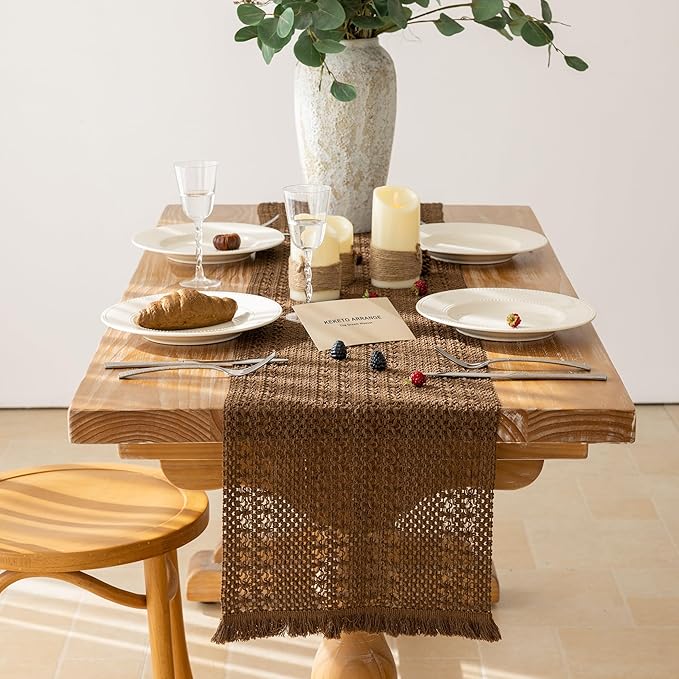 Keketoarrange Boho Brown Table Runner for Home Decor 13x90 Inches Farmhouse Macrame Woven Burlap Jute Rustic Coffee Table Runner Dresser Scarf Dining Kitchen Centerpiece Bohemian Decor