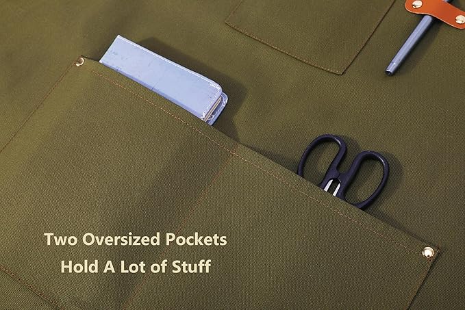 AFUN Chef Aprons for Women Men with Oversized Pockets, 12-Ounce Cotton Canvas Cross Back Water Repellent Apron (Grey Green)