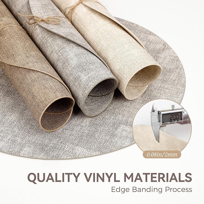 13" Round Placemats Set of 6, Reversible Faux Leather Heat Resistant Table Mats, 100% Waterproof Oilproof Wipeable Table Protective Placemats for Vinyl, Washable for Indoor & Outdoor Use (6, Beige)
