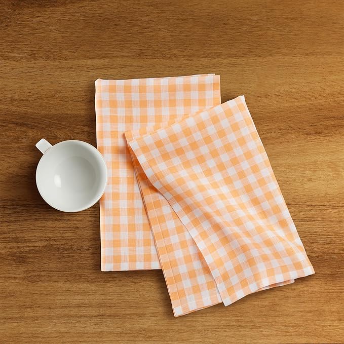 Solino Home Linen Kitchen Towels Set of 2 - Sunny Orange 17 x 26 Inch - 100% Pure Linen Gingham Check Kitchen/Tea Towels - Machine Washable and Handcrafted from European Flax