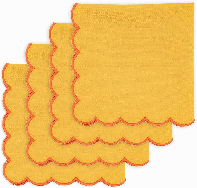 PurpleEssences Scalloped Embroidery Cloth Napkins - Spring Easter Summer - Table Decor - 100% Cotton - Set of 4-18x18 inch - Golden Yellow - Edges - Orange