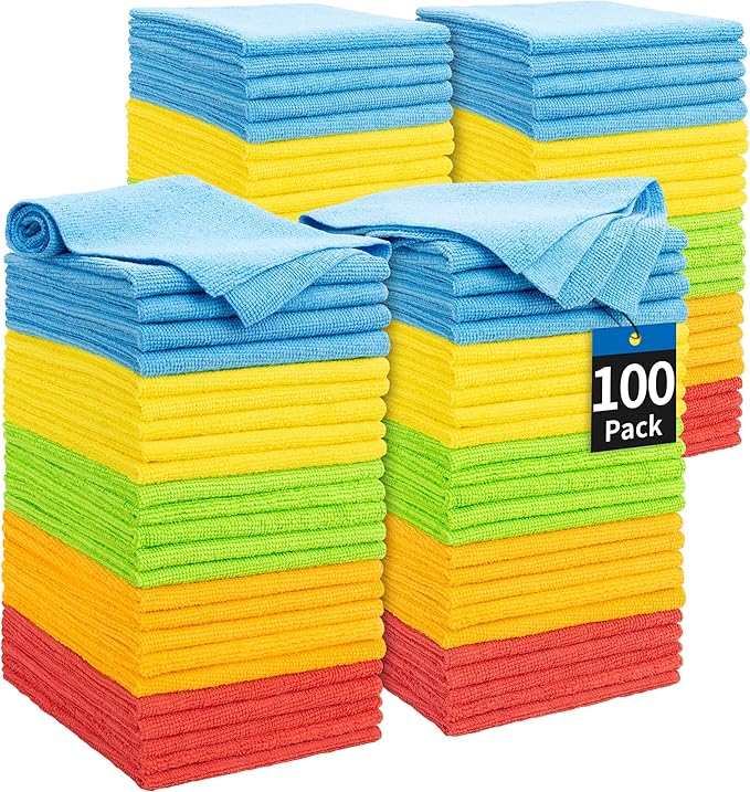 Microfiber Cleaning Cloth, 100 Pack Cleaning Rags Microfiber Towel Bulk Absorbent Lint-Free Wash Cloths, All-Purpose Towels for Cars, Shop, Automotive, Garage, Home and Kitchen 11.5"*11.5"