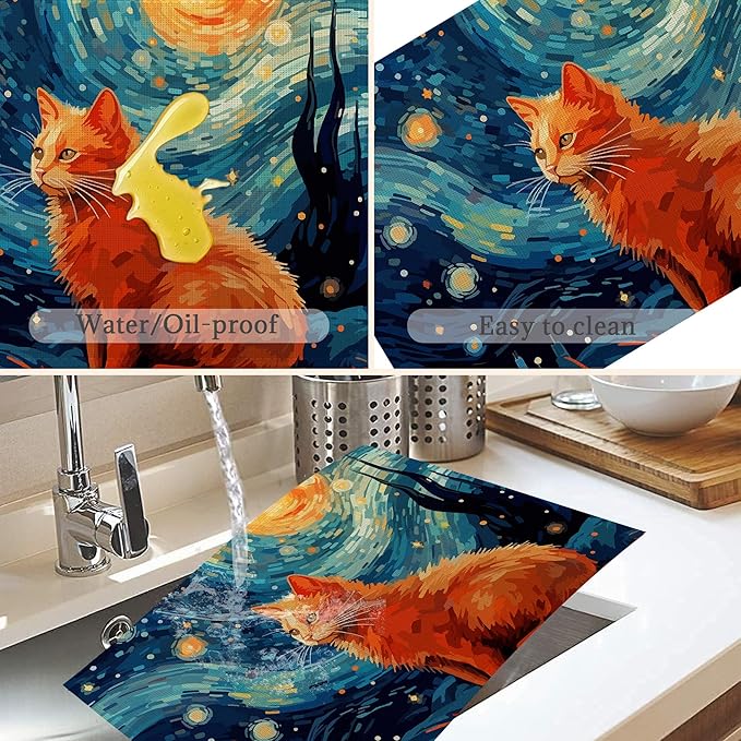 Starry Night Cat Placemats Set of 6,Washable Heat Resistant 12×18 Inch Linen Table Mats Cute Place Mats for Party Outdoor Dining Décor