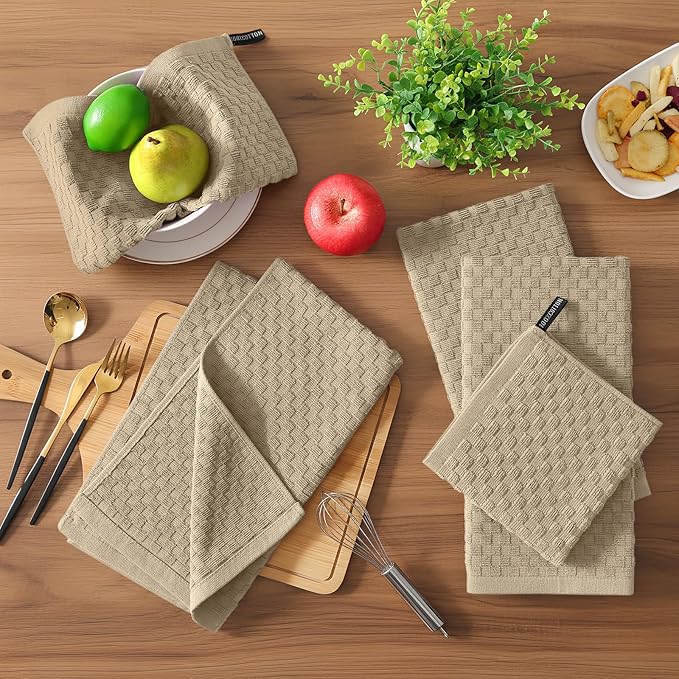 Homaxy 100% Cotton Terry Kitchen Towels(15" x 25", 12 Pack), Soft and Super Absorbent Dish Towels, 380 GSM Reusable Tea Towel with Hanging Loop, Pineapple Grid Designed, Tan