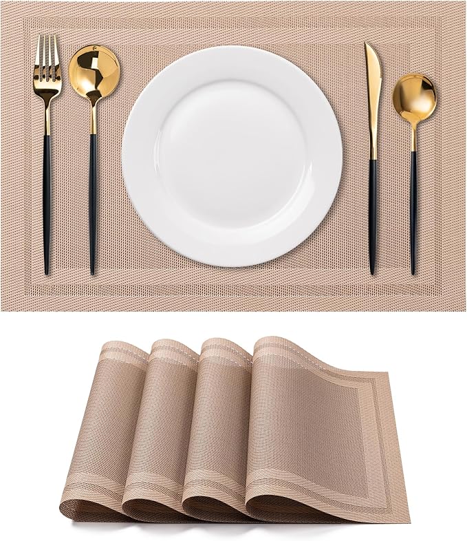 CADONO Placemats Set of 4 Washable Indoor/Outdoor Vinyl Place Mats for Dining Table Durable Non-Slip Heat Resistant PVC Weave Table Mats（Simple Style-Light Brown）