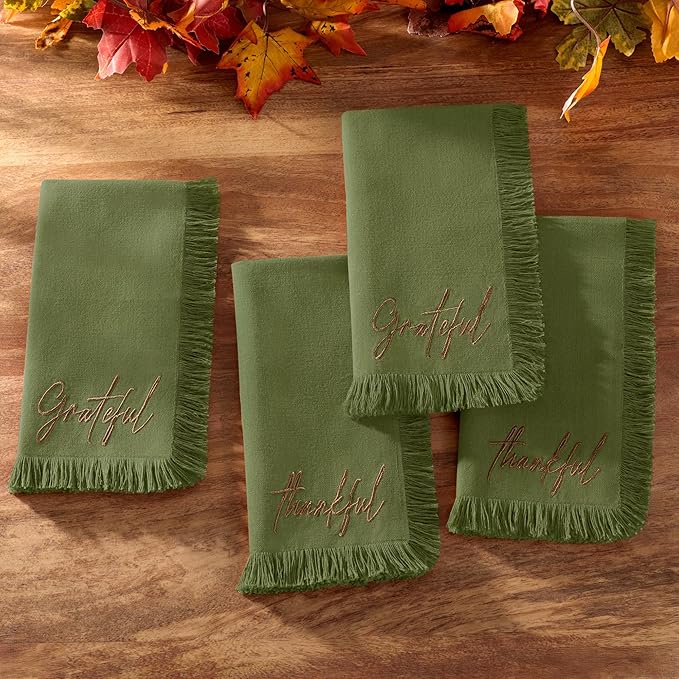 Elrene Home Fashions Fringed Harvest Sentiment Cotton Napkins, Set of 4, 17"x17", Olive