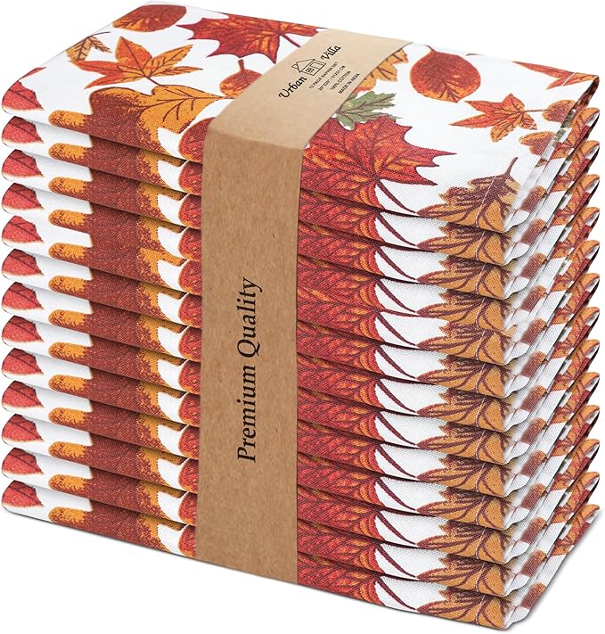 Urban Villa Cloth Napkins Set of 12 (20x20)100% Cotton Napkins Cloth Washable Durable Reusable Absorbent Table Dinner Napkins Cloth for Farmhouse Party Hotel Lunch Restaurant Everyday Use-Leaves Print