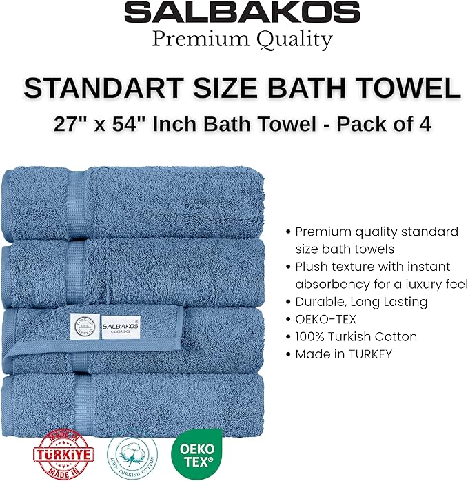 SALBAKOS 100% Turkish Cotton Bath Towels | 4 Piece Turkish Bath Towels Blue 27x54 in Standard Size | Premium Hotel Quality, Super Absorbent, Thick & Plush Turkish Bath Towel (Blue, 4 Bath Towels)