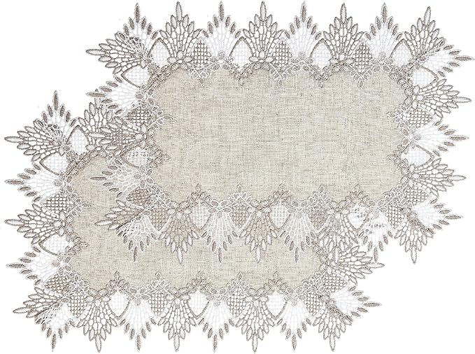 Natural Linen Placemats 14”x20” Set of 2, Neutral Earth Tones Beige Lace Coffee Doily Table Topper Dresser Scarf Place Mats (Set of 2, Natural)