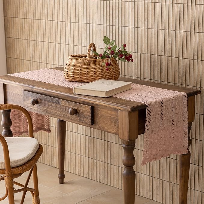 Keketoarrange Boho Pink Table Runner for Spring Decorations 12x90 Inches Farmhouse Macrame Woven Burlap Jute Rustic Coffee Table Runner Dresser Scarf Dining Kitchen Centerpiece Bohemian Decor
