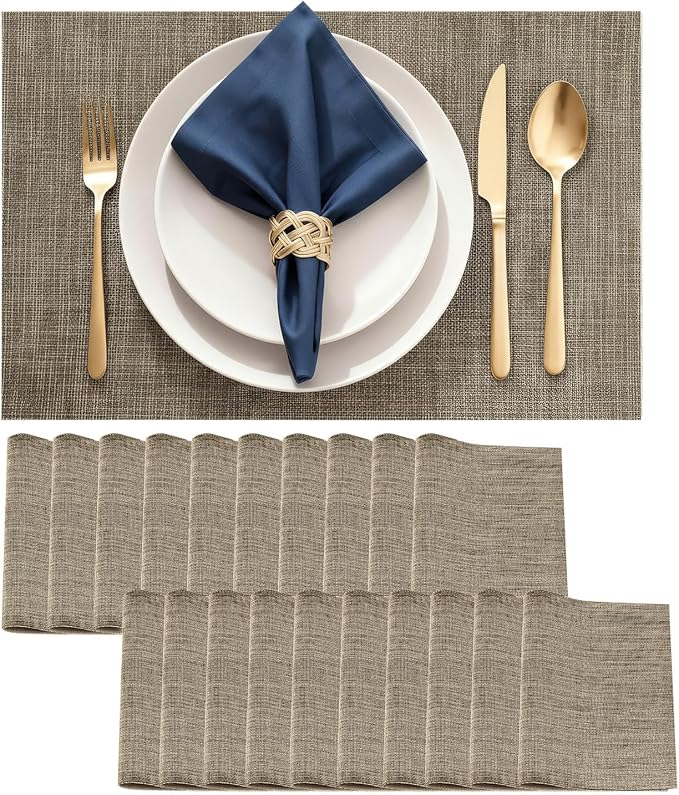 Durable Vinyl Placemats Set of 20, Non-Slip for Dining Table Mat, Heat Resistant Place Mats, Washable Anti-Slip PVC Easy to Clean Wipeable Premium Plastic Mats for Kitchen Brown