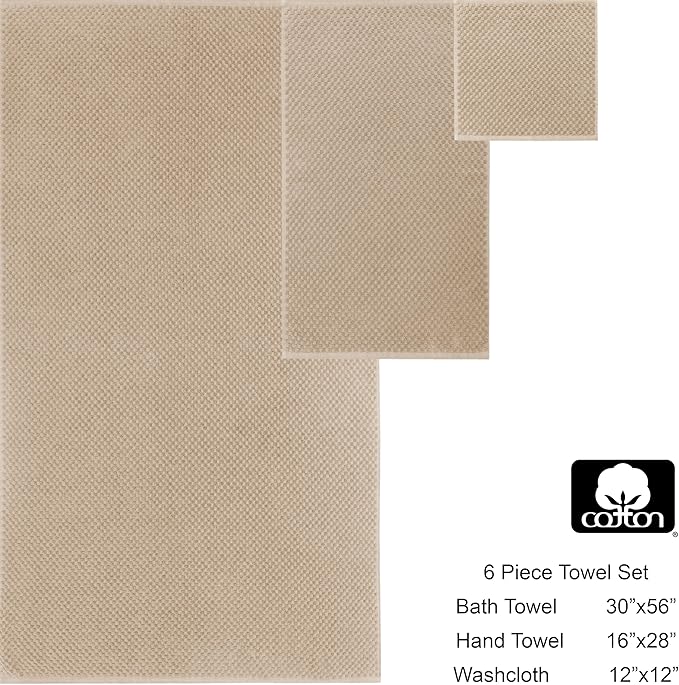 COTTON CRAFT Waffle 6 Piece Towel Set - 100% Cotton - 2 Oversized Luxury Euro Spa Waffle Weave Large Bath Towels, 2 Hand Towels, 2 Washcloths - Absorbent Quick Dry Hotel Bathroom Shower Pool - Linen