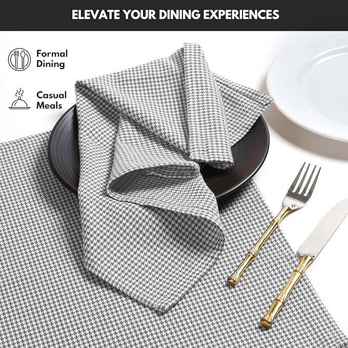 Napkins 100% Cotton Set of 12 Decorative Houndstooth Check Cloth Napkin Washable Dinner Napkins for Holiday, Dinner, Wedding, Baby Shower & Dining - Grey (18”X18”)