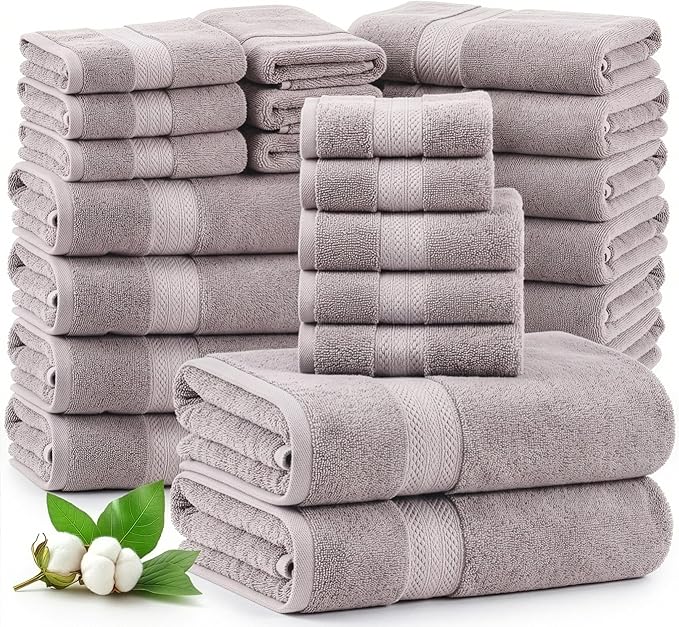 LANE LINEN Luxury Towels and Washcloths Sets - 24 PCs - 100% Ring Spun Cotton Soft Towel - Durable, Absorbent & Long Lasting Towels for Family - Housewarming Gift - Fade Resistant - Platinum